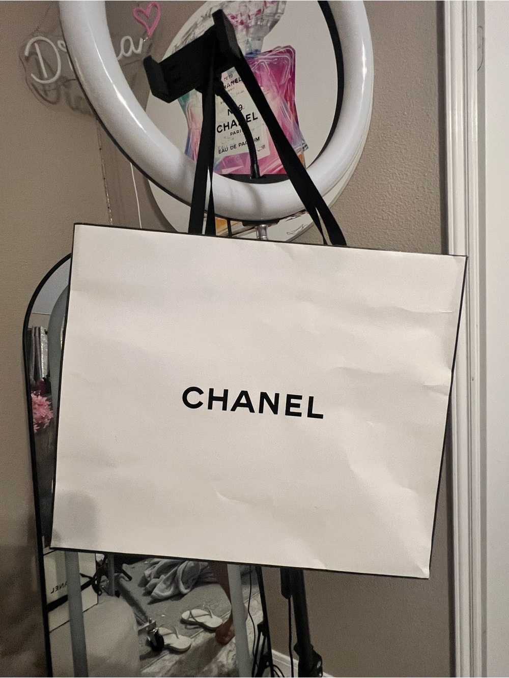 CHANEL White Tote Bag with Black Handles